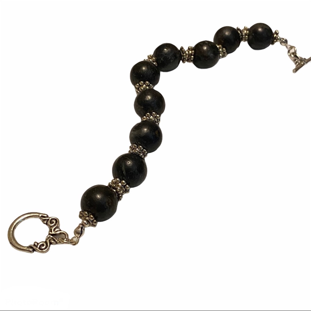 Hand Crafted Amphibolite Bracelet Black Stone Natural Toggle Jewelry Chunky - Picture 2 of 7